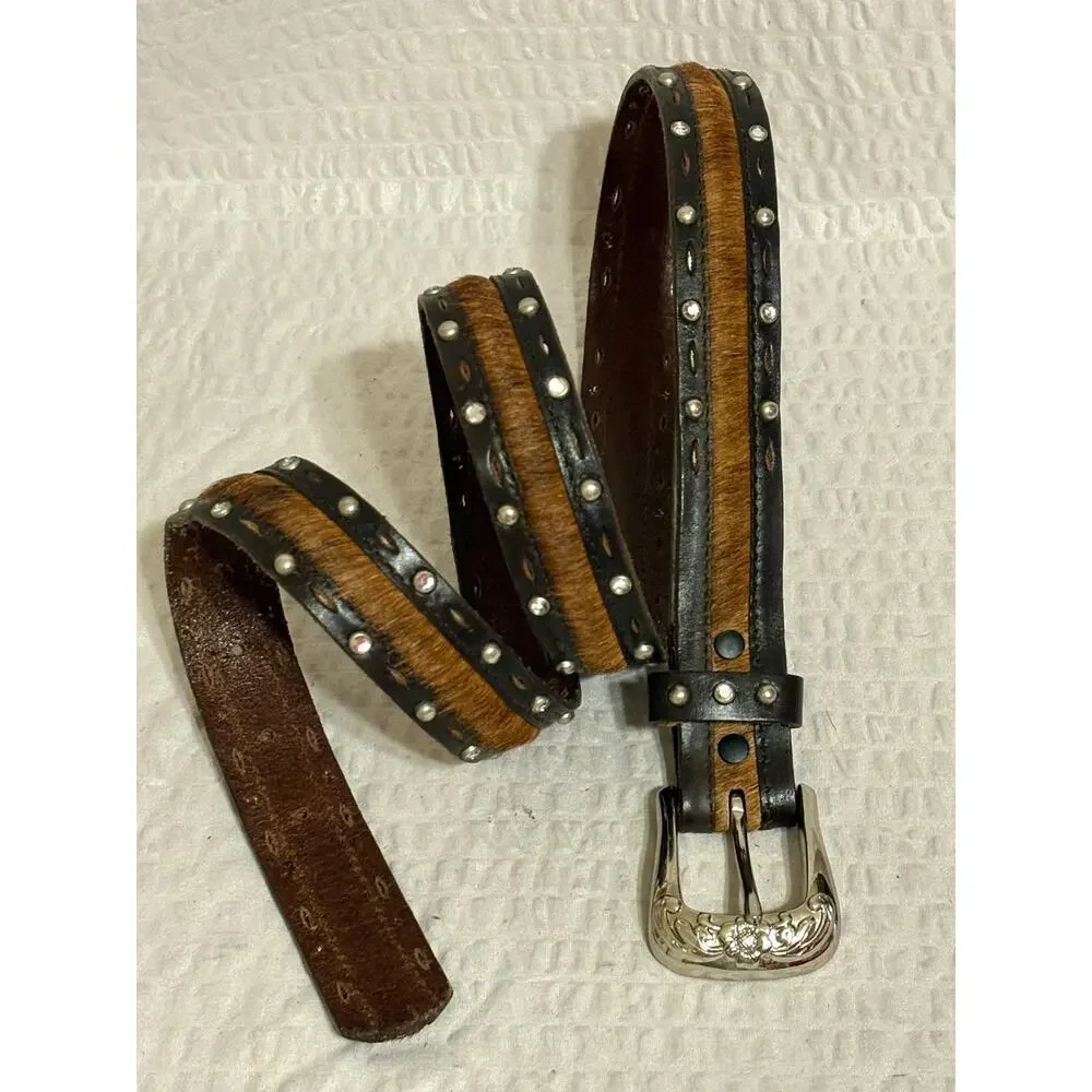 VTG Mexican Made XL Brown Hair on Hide Leather Belt With Studs and Rhinestones